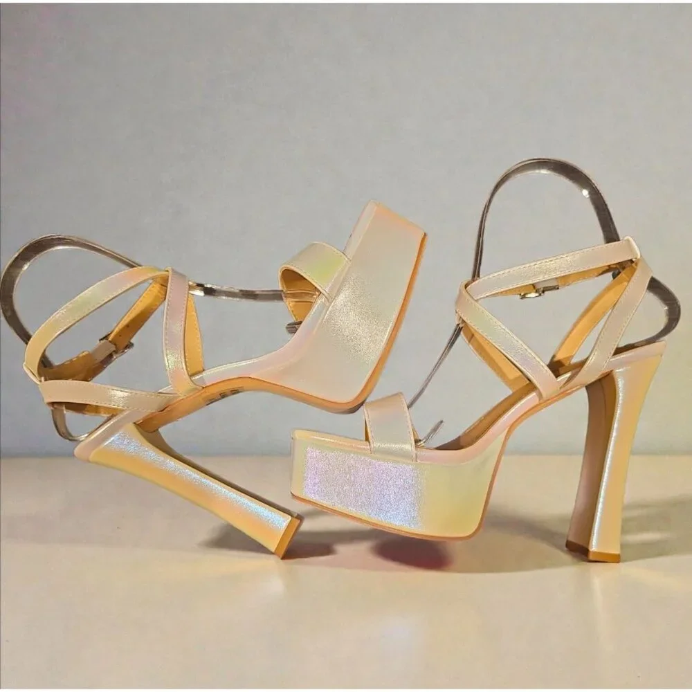 Iridescent Pearl Platform High Heel Strappy Sandals With Ankle Buckle